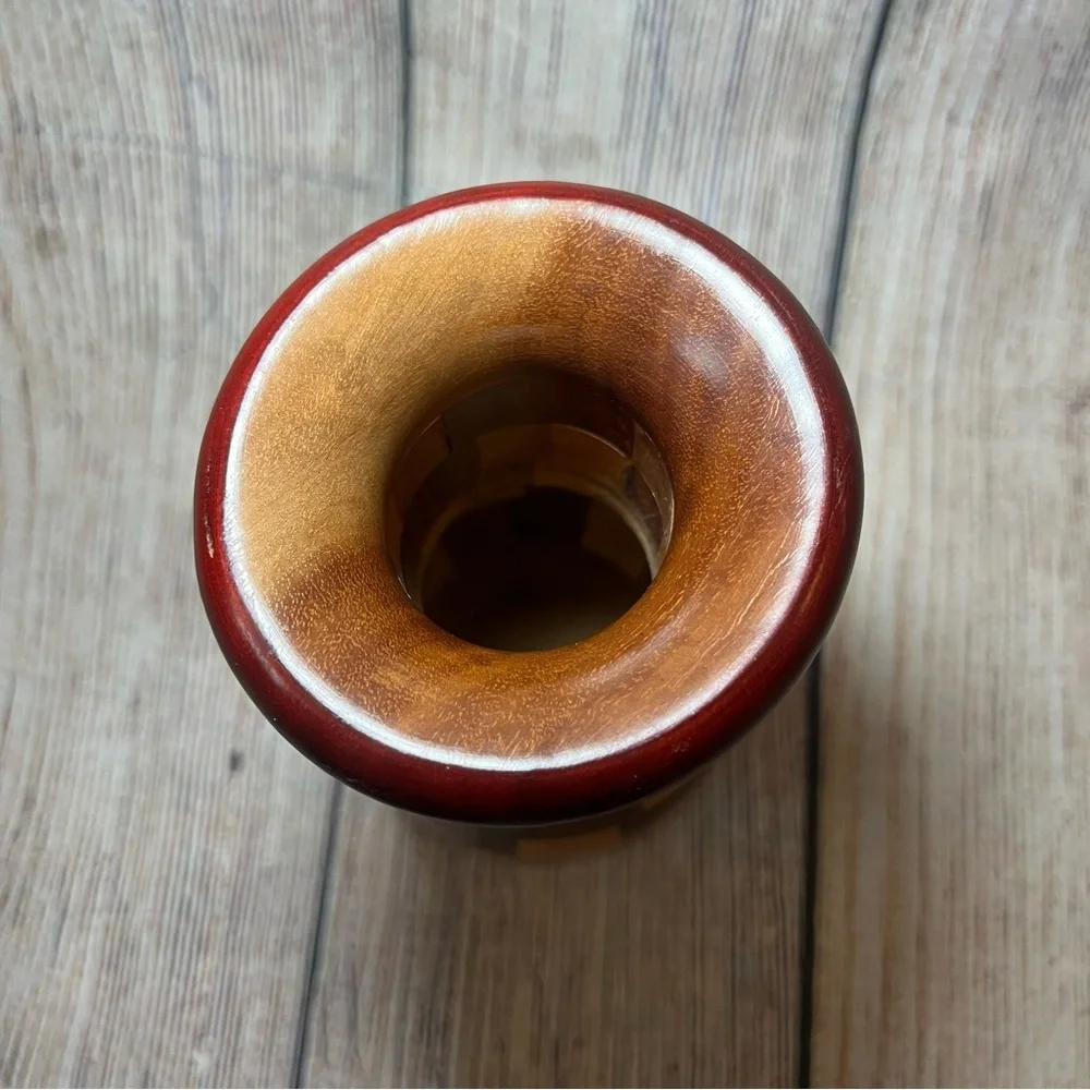 VTG Handcrafted Natural Wood Tones‎ Checkered Vase 9” Segmented Turned Wood Boho
